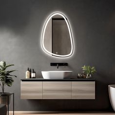 a bathroom with a sink, mirror and potted plant