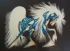 a blue and white horse with long hair on it's back legs is shown