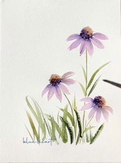 watercolor painting of purple daisies on white paper with black ink pen and marker