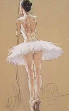 a drawing of a ballerina dancer in white tutu and pink shoes with her back turned to the camera