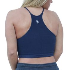 Seamless Racerback Crop Top For Yoga, Blue Ribbed Sporty Crop Top, Ribbed Cropped Activewear For Yoga, Cropped Ribbed Yoga Activewear, Ribbed Cropped Sports Bra For Yoga, Ribbed Racerback Crop Top For Workout, Ribbed Racerback Crop Top For Sports, Athleisure Bra Friendly Seamless Crop Top, Sports Ribbed Racerback Crop Top