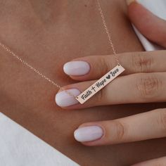 "Faith Necklace Hope Necklace Love Necklace for Women, Faith Hope Love, 14k Gold Bible Verse Bar Necklace, Scripture Necklace, Easter Gift This necklace will be certainly GREAT GIFT for Christmas, Easter, Anniversary, Valentines Day, Mother`s day, Birthday, Engagement, Bridesmaid or Girlfriends. INFO ABOUT PRODUCT *Material: High Quality 925 Sterling Silver/14K Solid Gold. *Finish: Sterling Silver, 14K Gold-Plated, 14K Rose Gold-Plated and 14K Solid Gold, 14K White Gold, 14K Rose Gold. *Pendant: Gold Bible Verse, Verse Necklace, Prayer Jewelry, Mama Bear Necklace, Bible Verse Jewelry, Bible Verse Necklace, Scripture Gift, Jesus Gifts, Faith Necklace