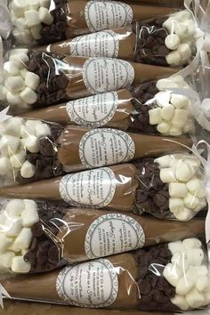 chocolate covered marshmallows are wrapped in cellophane