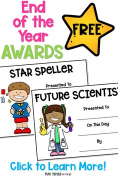 the end of the year award is shown with two pictures of children in science gear