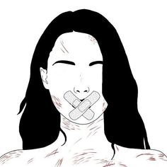 a drawing of a woman with an adhesive bandage around her mouth