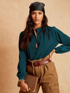 Crepe Covered-Button Blouse | Banana Republic Factory Button-up Blouse With Blouson Sleeves, Trendy Office Blouse With Button Cuffs, Casual Office Wear Blouse With Button Cuffs, Trendy Fall Blouse With Back Button Closure, Chic Blouse With Button Cuffs For Fall, Trendy Button-up Blouse With Button Cuffs, Trendy Button-up Blouse With Cuffed Sleeves, Trendy Workwear Blouse With Back Button Closure, Chic Fall Blouse With Button Cuffs