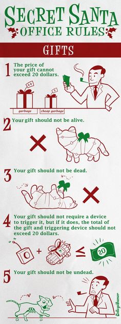 a poster with instructions on how to get santa's gifts from the office rules