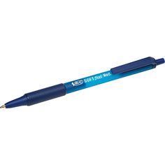 a pen that is blue and has writing on it