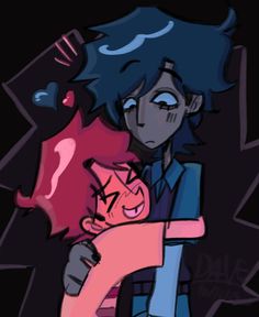 two people hugging each other in front of a black background with pink and blue colors