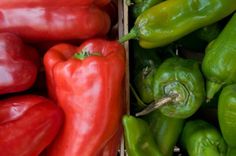 green and red peppers are stacked up together