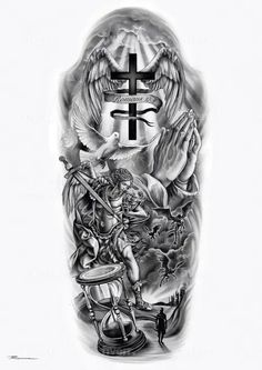 Good Half Sleeve Tattoos For Men, Og Tattoos Ideas Men, Sleeve Tattoo Concepts, Half Sleeve Bicep Tattoo For Men, Catholic Sleeve Tattoo Men, Christian Leg Sleeve Tattoos, Mens Sleeve Tattoo Ideas For Guys, Fallen Angel Tattoo Sleeve, Angel Forearm Tattoo Men