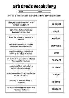 the 5th grade vocabulary worksheet is shown in black and white, with text