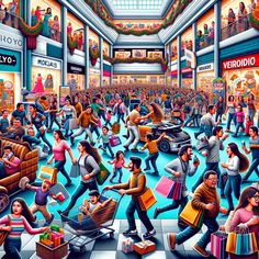 a painting of people shopping in a mall