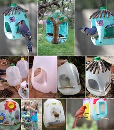 several pictures of bird houses made out of plastic bottles