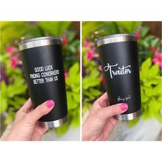 two pictures of a person holding a black and silver coffee cup with the words tattor on it