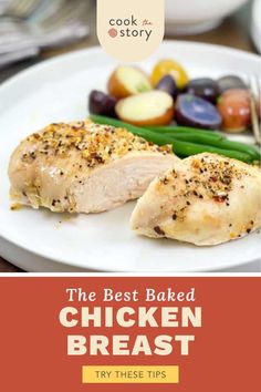 the best baked chicken breast on a white plate with green beans and olives