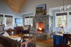 a living room filled with furniture and a fire place in the middle of a room