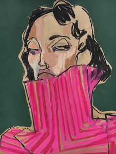 a drawing of a woman wearing a pink dress and holding her face to the side