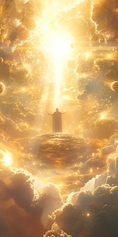 the sun shining through clouds with a person standing on it in the center, surrounded by halos and stars