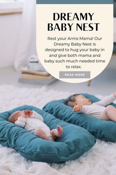 two babies laying on pillows with the words dreamy baby nest in front of them