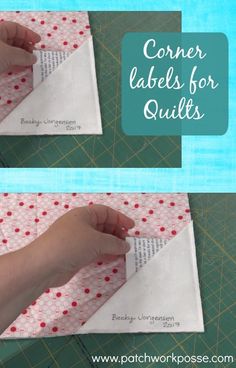 someone is cutting out some fabric on top of a piece of paper with the words corner labels for quilts