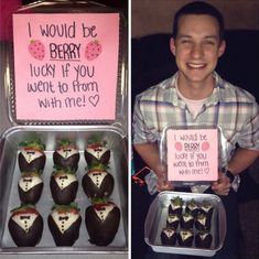 a man is holding up some chocolate covered strawberries and a sign that says i would be berry lucky if you went to from with me