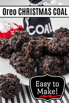 oreo christmas coal cookies on a white plate