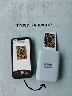 two cell phones sitting next to each other on top of a cement floor with the words prints via bluetooth above them