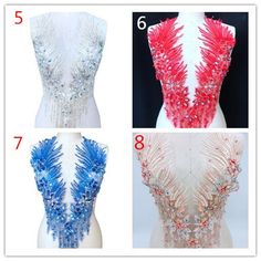 four different types of dresses on mannequins with red, white and blue flowers