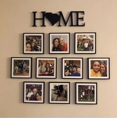 a wall with many pictures hanging on it and the word home written in large letters