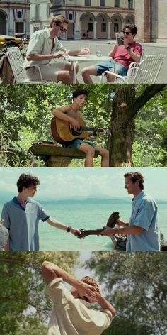 two men are shaking hands while another man is sitting on a bench