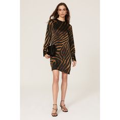 Black and gold zebra-printed satin (100% Silk). Shift. Crew neck. Long sleeves. Back button closure. 35.5" from shoulder to hemline. Imported. Rent The Runway, Closet Designs, Gold Print, Dress First, Black And Gold, Silk Dress, High Neck Dress, Black Dress, Long Sleeves