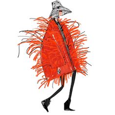 a drawing of a woman in an orange coat and hat with feathers on her head