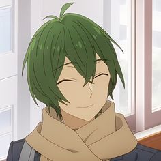 an anime character with green hair wearing a black jacket and scarf over his neck, looking out the window