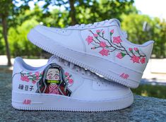 Airforce one Nezuko Kamado and flowers custom sneaker, ideal gift, for her, birthday, Christmas - The pair is included in the displayed price - Authentic Nike Airforce 1 Sneakers - 100% handmade work - Quality and permanent paint - A modification? Note it when validating your order. For more information, questions, requests; Do not hesitate to contact me. Email: customlyon@gmail.com Instagram: @customlyon Custom Painted Shoes, Custom Shoes Diy, Nike Shoes Air Force, Custom Nike Shoes, Unique Sneakers, Air Force 1 Custom, Nike Air Shoes, Baskets Nike, Nike Free Run