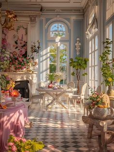 a dining room filled with lots of furniture and flowers in vases on the tables