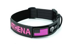 a pink and black dog collar with the word athena on it's side