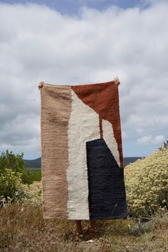 a person standing in the grass holding up a blanket with an abstract design on it