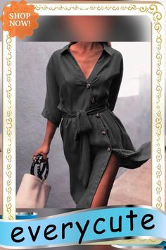 Tie Waist Button Down Elegant Shirt Dress 3/4 Sleeve Casual Dress Summer Half Sleeve Shirt Dress With Buttons, Casual Dress With 3/4 Roll-up Sleeves, Casual Dress With Roll-up 3/4 Sleeves, Casual Dresses With 3/4 Roll-up Sleeves, Casual Dresses With Roll-up 3/4 Sleeves, Summer Dress With Long Roll-up Sleeves, Summer Dresses With Long Roll-up Sleeves, Summer Long Sleeve Midi Dress With Buttons, Spring Knee-length Dress With Roll-up Sleeves