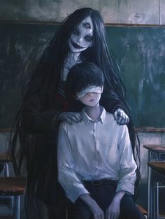 a painting of two people sitting in front of a chalkboard with writing on it