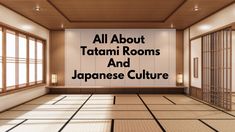 an empty room with tatami mats and japanese culture written in black on the wall