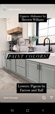 the kitchen cabinets are painted gray and white with black lettering on them that reads, uppers abastery by sheryln williams