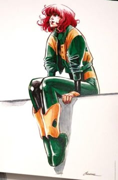 a drawing of a woman with red hair sitting on a ledge wearing green and yellow