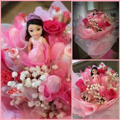 a collage of photos with dolls and flowers