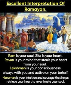 an image of rama and his people with the text, excellent interpretation of ramayan