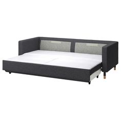 an image of a sofa bed with mattress and pull out storage compartment on the side