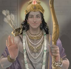 a painting of a woman holding a golden bow and arrow in her hand with pearls on it