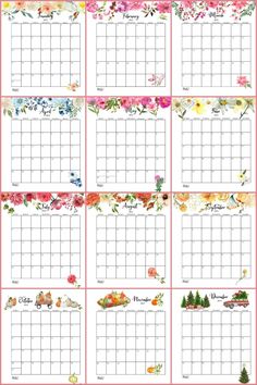 the printable calendar is shown with flowers and trees on it, as well as watercolor