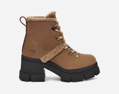 We are living for the elevated confidence of the Brooklyn Hiker. Our Plush Seam and hiker-inspired laces complement water-resistant suede to serve fresh-from-the-mountains realness. Lined with UGG®plush, breathable textile, and soft microfiber. With a chunky 3 inch platform and 2 inch heel, you'll be cruising at a new altitude this season. | Protected: Waterproof or Water-Resistant Materials. Water-resistant suede. Sheepskin spill seams. 10mm UGG®plush 60% upcycled wool, 40% TENCEL Lyocell shaft Sheepskin Boots, 3 Inch Heels, 2 Inch Heels, Real Fur, Rubber Heels, Womens Uggs, Womens Heels, Brooklyn, Heel Height