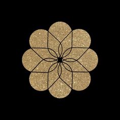 a black background with gold glitter and a flower on the center, in the shape of a circle